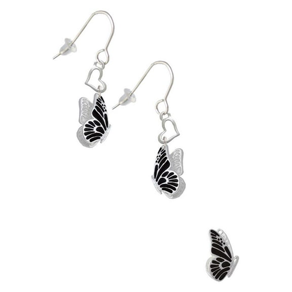 Silvertone Black Flying Butterfly Heart French Earrings