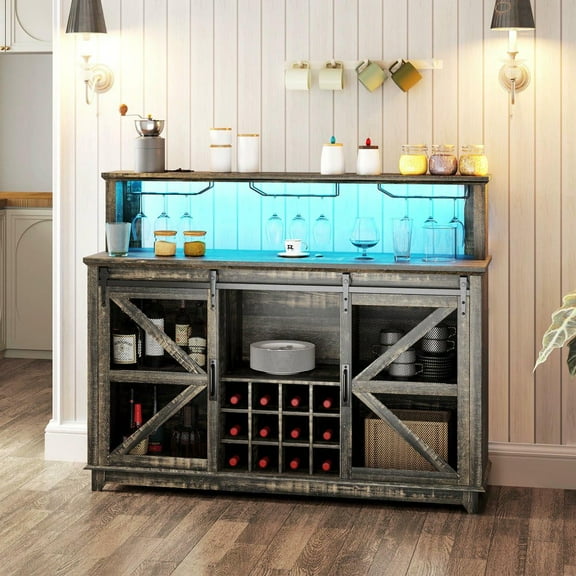 Resenkos 55" Farmhouse Coffee Bar with Built-In Lighting and Wine Storage, Brown