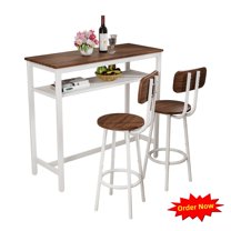 Tcbosik 3-Piece Bar Table Set with Metal Frame, 39.4" Kitchen Table with Storage Shelf, 2 Barstools with Back, Space Saving Kitchen Table Set for Dining Room, Brown & Black
