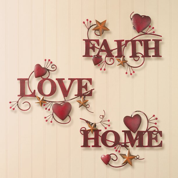 Collections Etc Red Home, Love and Faith Metal Wall Art Set of 3
