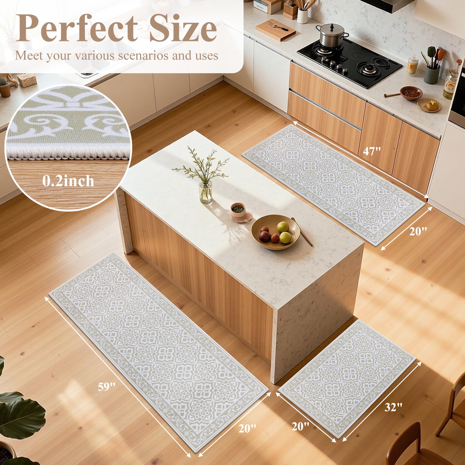 MeyJey Kitchen Rug Set 3 Piece, Non Slip Machine Washable Mats for Home Floor and Living Room, Beige
