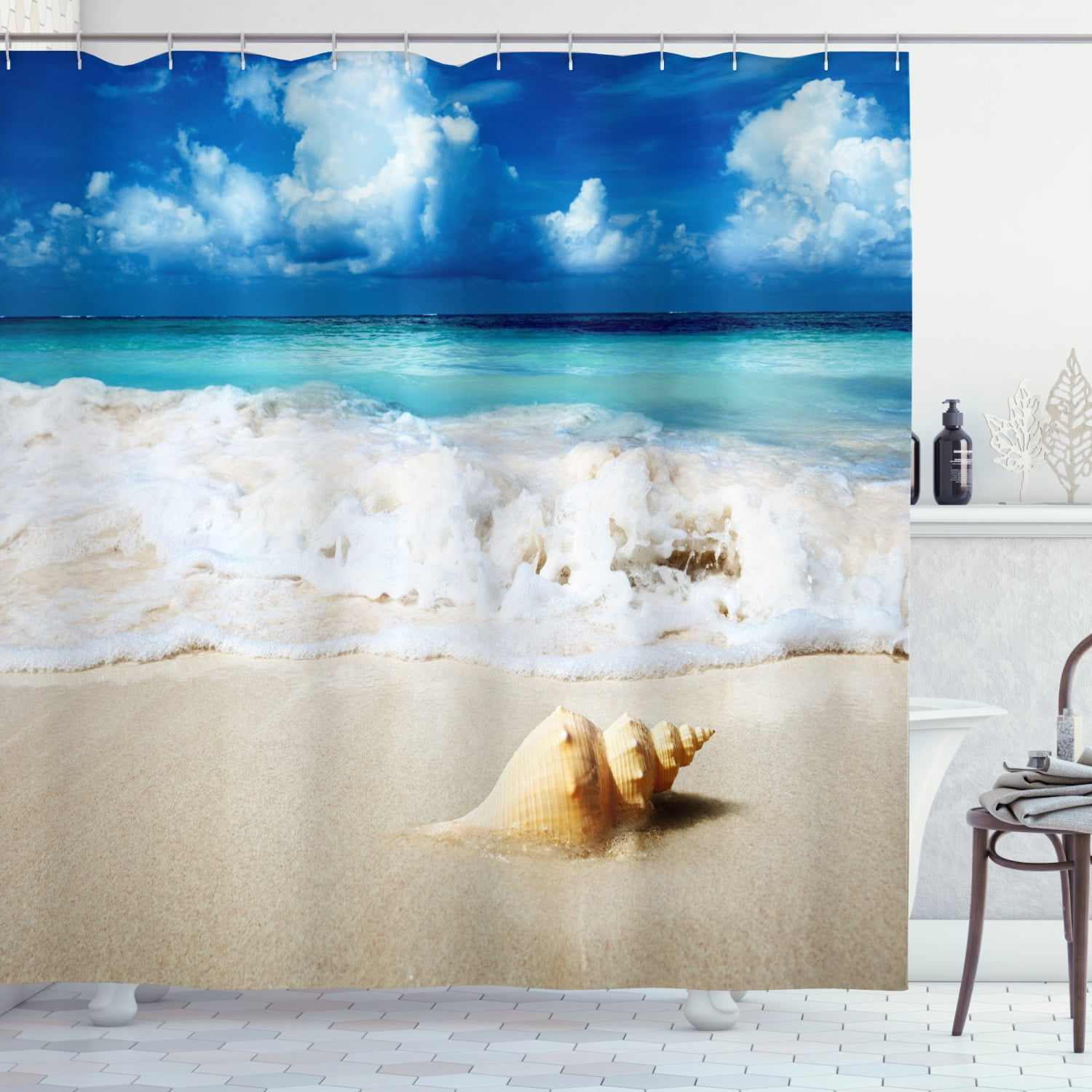 Nautical Anchor & Lifebuoy Sand Sunny Beach Shower Curtain Bath Mat Waterproof