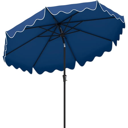 CHTER 9Ft Patio Umbrella with Crank, 2-Tier Outdoor Umbrella with Push Button Tilt, Sun-Protective Canopy, 8 Ribs, Scalloped Patio Umbrella for Outdoor Beach Deck Pool Table (Blue)