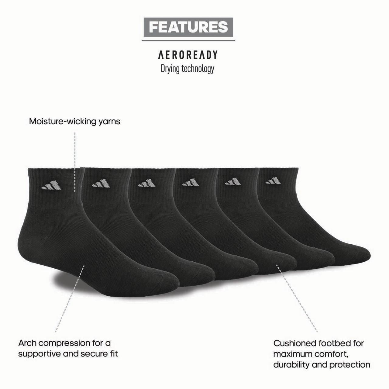 Adidas Men's Athletic Cushioned Quarter Socks - 6 Pack, Black/Aluminum 2, Large (Shoe Size 6-12)