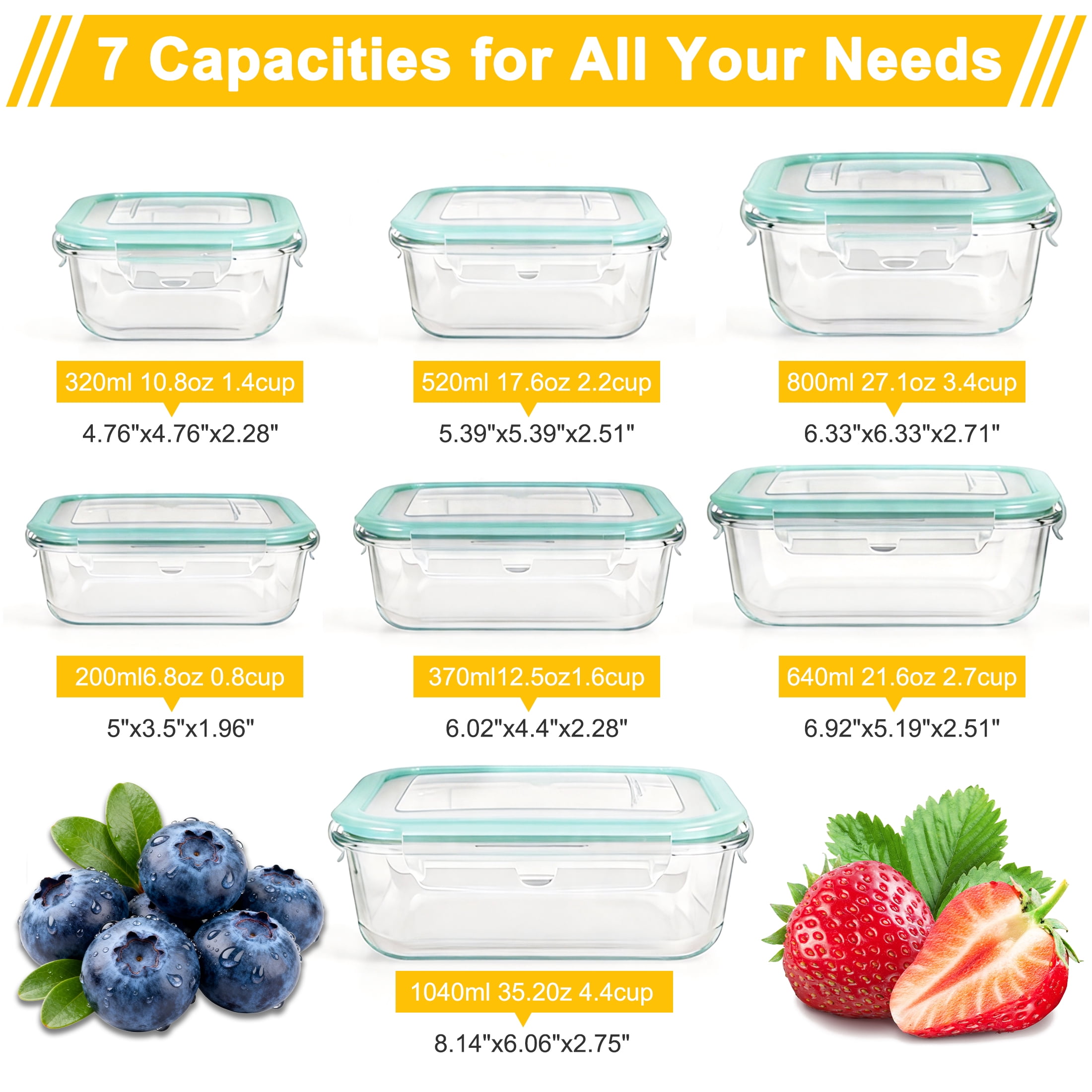 7 Pack Glass Food Storage Containers with Lids, Airtight Meal Prep Containers Glass, Lunch Box Microwave Safe, Tupperware Set, Oven Safe Bento Boxes