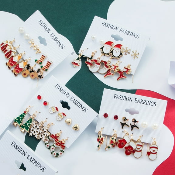 Visland 6Pairs/Set Christmas Earrings Festive Enamel Geometric Decoration Jewelry Gifts Xmas Tree Elk Snowman Santa Claus Ear Studs Dangle Earrings