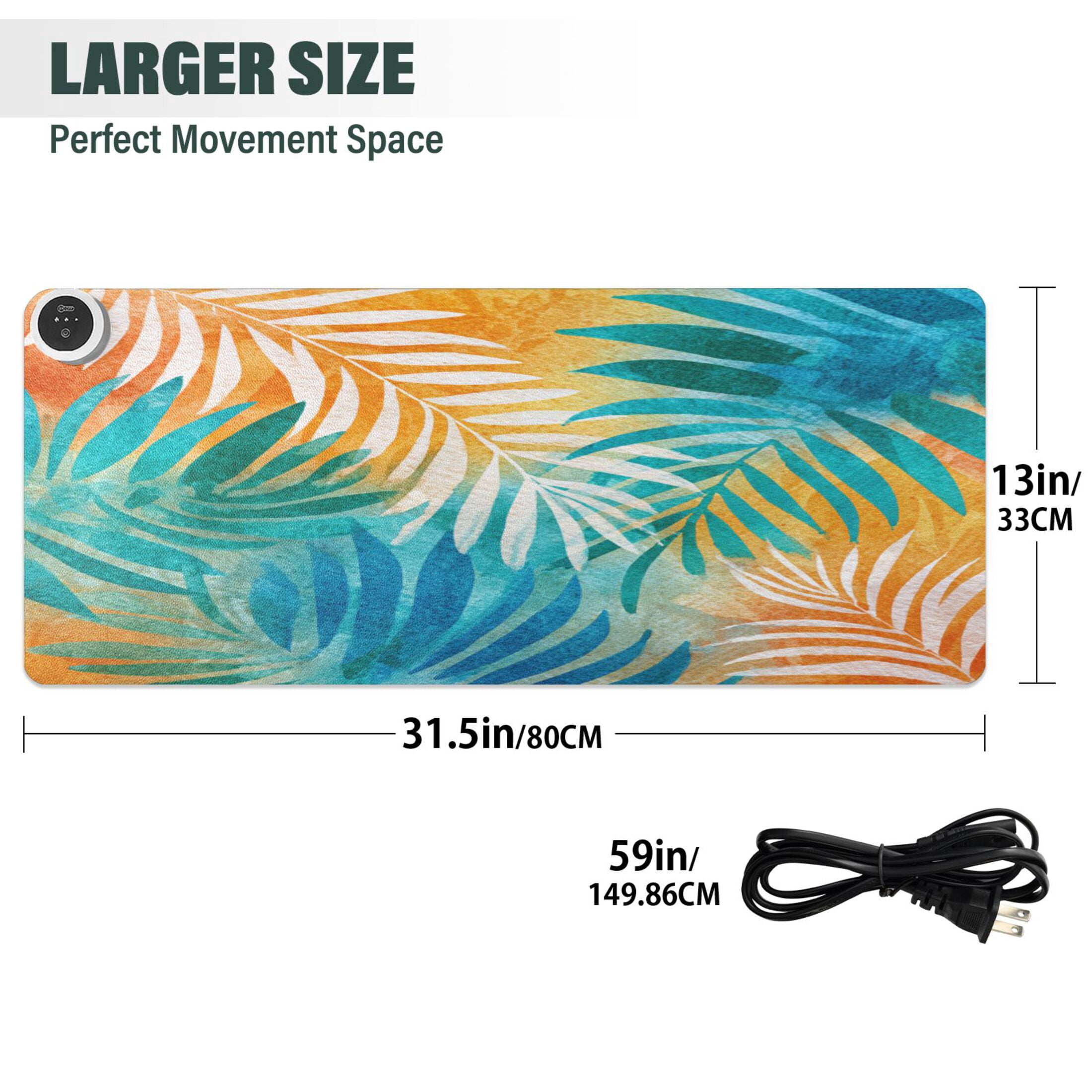 Large Heated Desk Mat Mouse Pad 31.5"x13"PU Leather Graphene Heating Desk Warmer with 3 Temperature Settings 110V US Plug Non-Slip Warm Pad for Home, Office, and Gaming Sunset Tropical Leaf Design