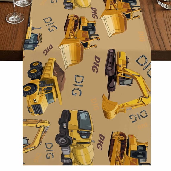 Table Runners 72 Inches Long Dress Scarves, Construction Truck Farmhouse Kitchen/Dining Table Runner, Coffee Tablerunners, Cartoon Grips and Bulldozers Turmeric 14x72 Inch