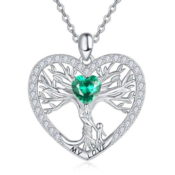 TANGPOET Mother Tree of Life Necklace 925 Sterling Silver Mother Tree of Life Heart Pendant Necklace Emerlad Tree of Life Jewelry Gift For Mother Women Grandmother Wife