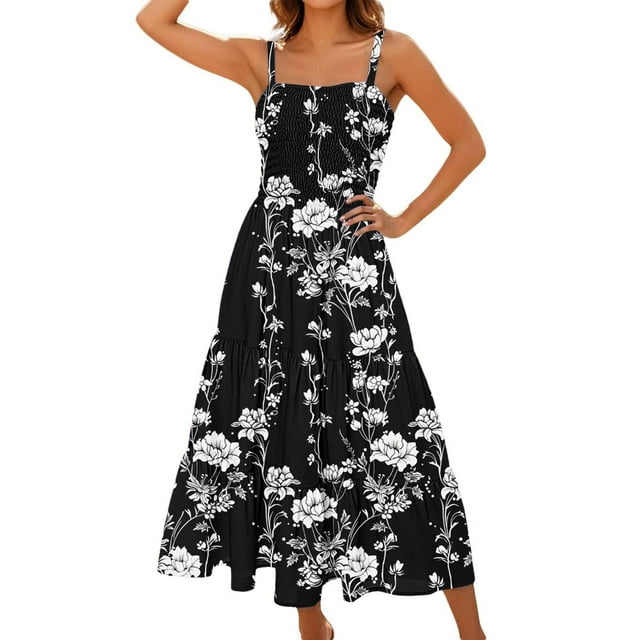 Mgmyaa Robes Smockées pour Femmes Col Carré Dos Bas Robes Élégantes à Volants Boho Sans Manches Fluide Été Décontracté Longue Robe d'Été