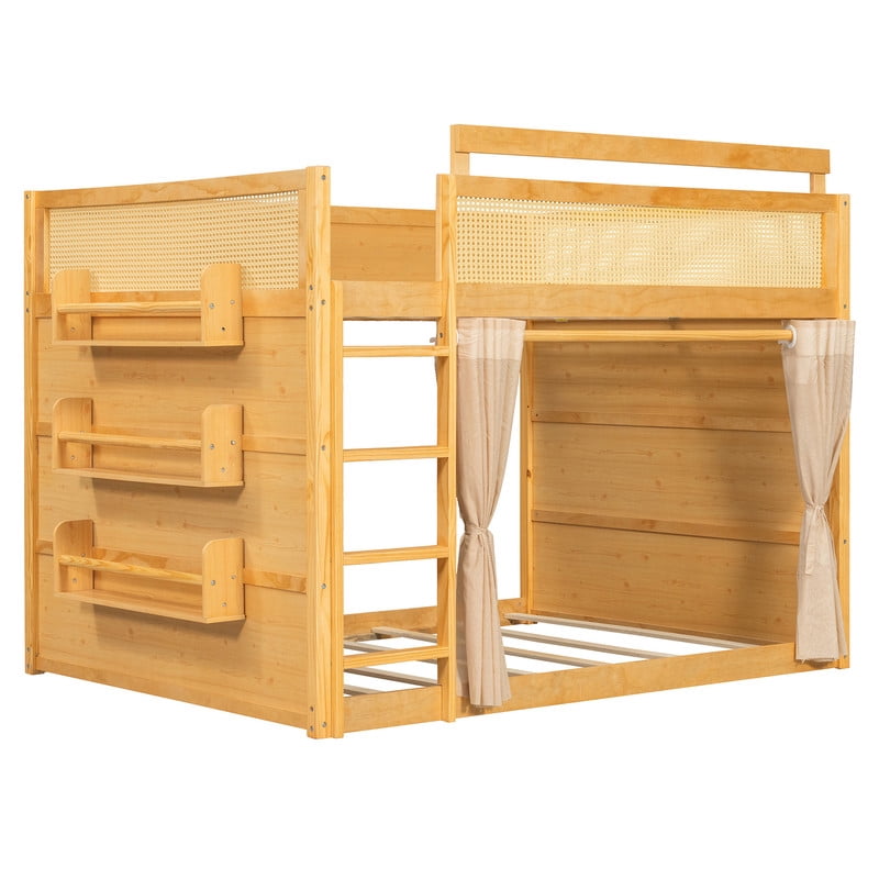 Full Size Bunk Bed with 3-Tier Storage Shelf, Rattan-Style Decor, Privacy Curtains and LED Light Strip, Modern Wood Full Over Full Bunk Bed Frame for Kids Teens