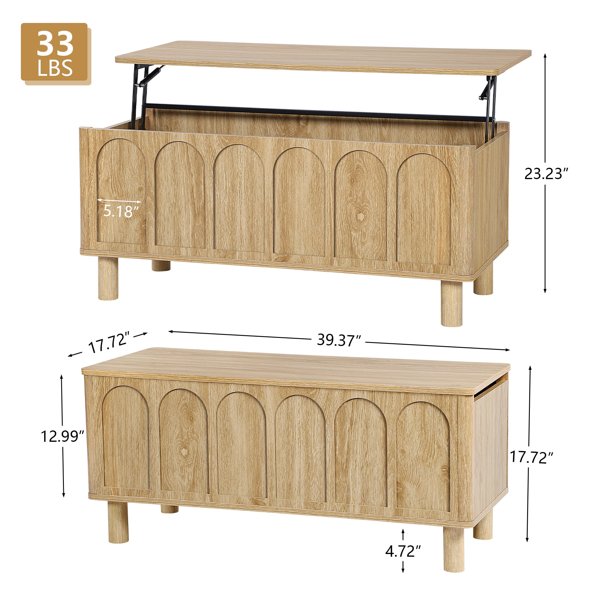 YOCWO Lift Top Coffee Table with Hidden Compartment & Storage Shelve, Arched Fluted Coffee Table for Living Room, Oak
