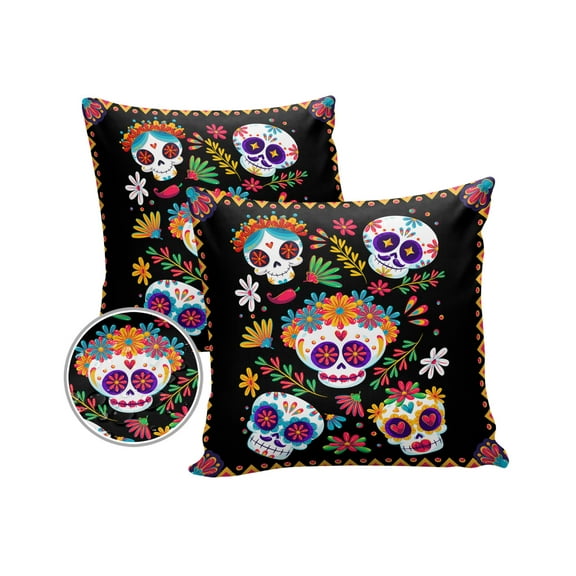 Pack of 2 Outdoor Pillow Covers, Dead Day Coloful Skull Flower Floral Plant Waterproof Square Throw Pillowcase Cushion Decorative Pillow Covers for Couch Patio Tent, 18x18 in
