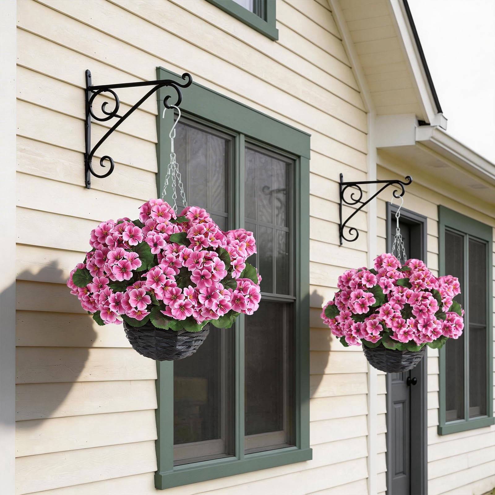 2 Set Artificial Geraniums Flowers with Hanging Baskets for Outdoors - Sun Resistant Silk with Geranium Flowers, Fake Hanging Planters for Front Porch Garden Patio Home Decor (Red)