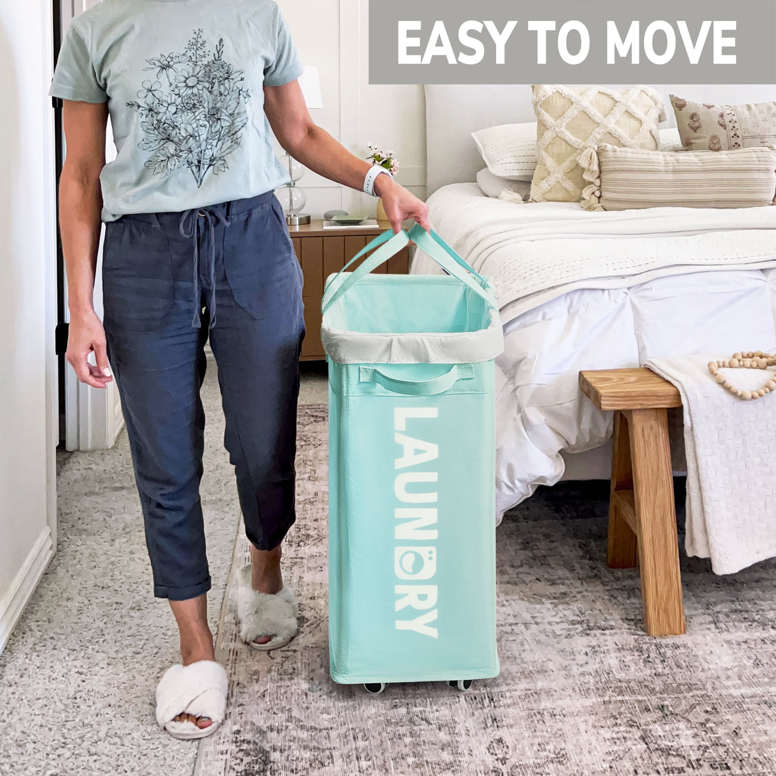 HICHEN Rolling Laundry Basket with Wheels,75L Large Collapsible Laundry Hamper with Removable Wash Bag Space for living room, Blue