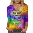 thumbnail image 2 of UPPADA Femmes T-Shirts à Manches 3/4 Mardi Gras Yall T-Shirts à Imprimé Floral Col Ras du Cou Blouse à devant Plissé Hauts d'Été Décontractés Chandail à Enfiler Haut Mode Fête Défilé Hauts Hauts pour Femmes Offres à Manches 3/4, 2 of 5