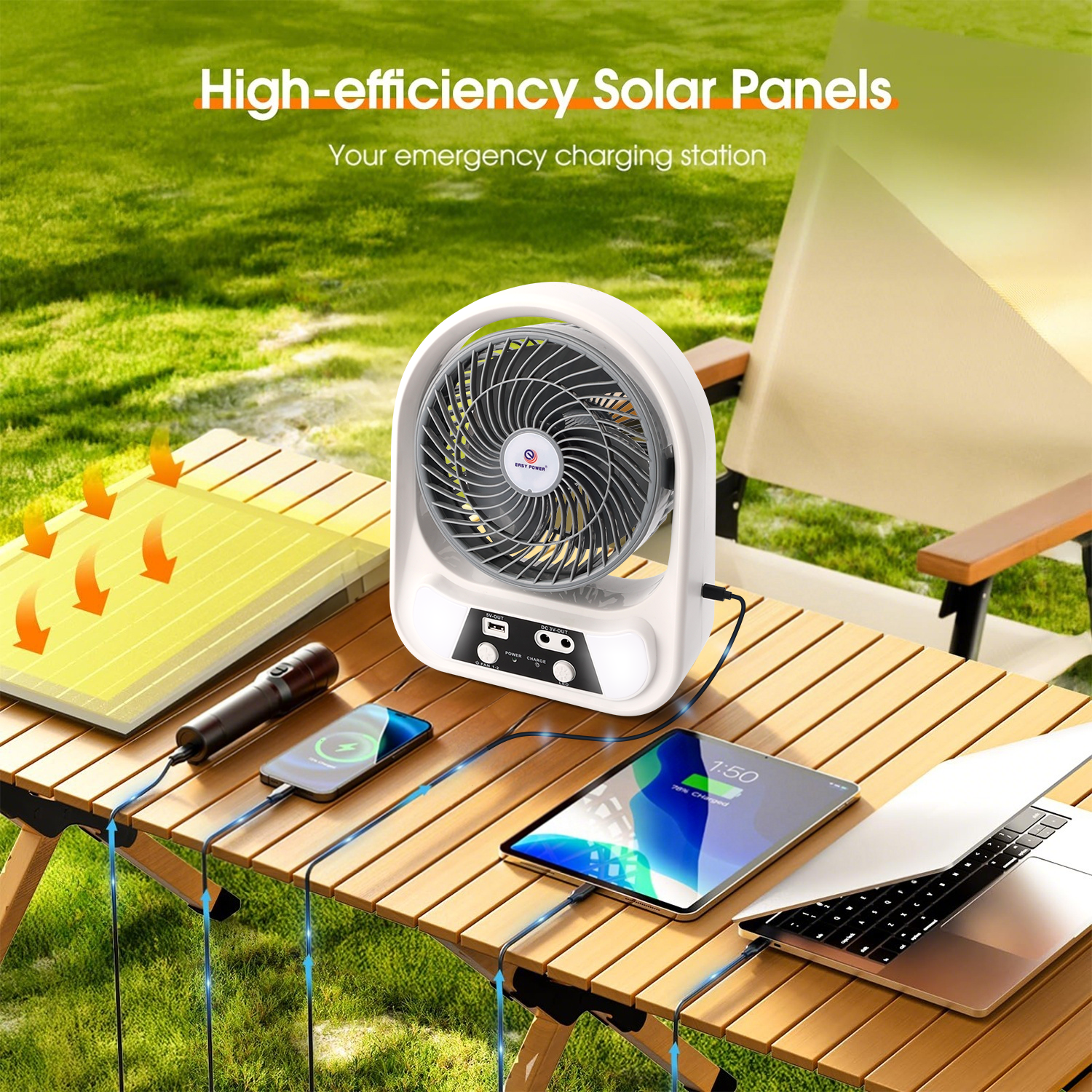 PUCACHI 8-inch Solar Camping Fan + LED Lantern - Solar/USB-C Dual Charging, Emergency Use