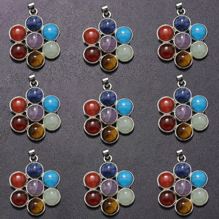 3/12X Natural Gemstones Healing Reiki Chakra Six Petal Flower Pendant Charm Bead