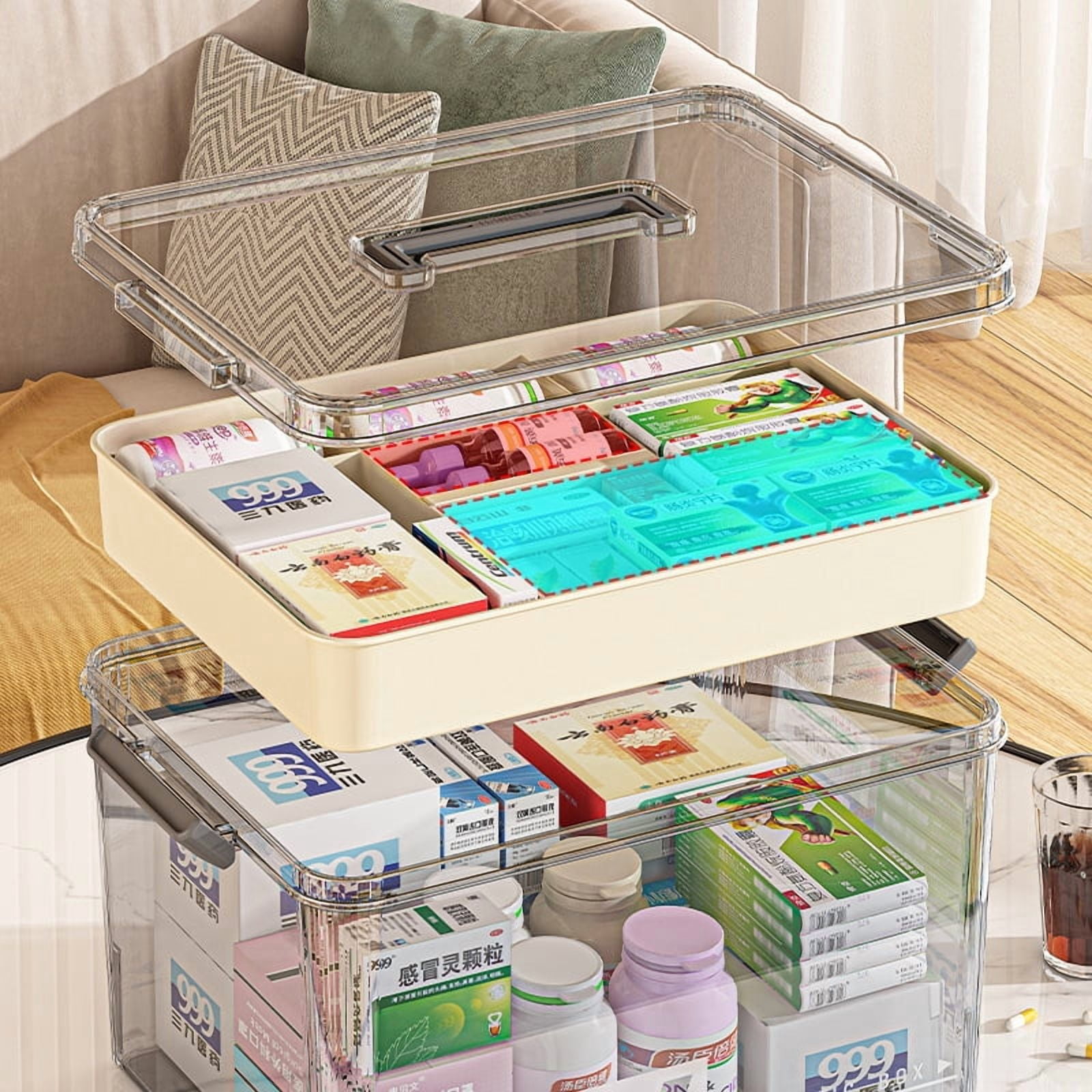 Clear Medicine Organizer Box with Handle, Plastic Medicine Container with Tray First Aid Box Empty, Thickened Medicine Storage Organizer Multipurpose Medication Organizer Storage