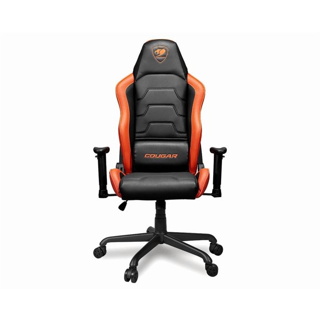 Ergonomic black and orange Cougar Armor Air gaming chair with dual high backrest, breathable PVC leather upholstery, adjustable armrests, reclining backrest up to 160º tilt mechanism.
