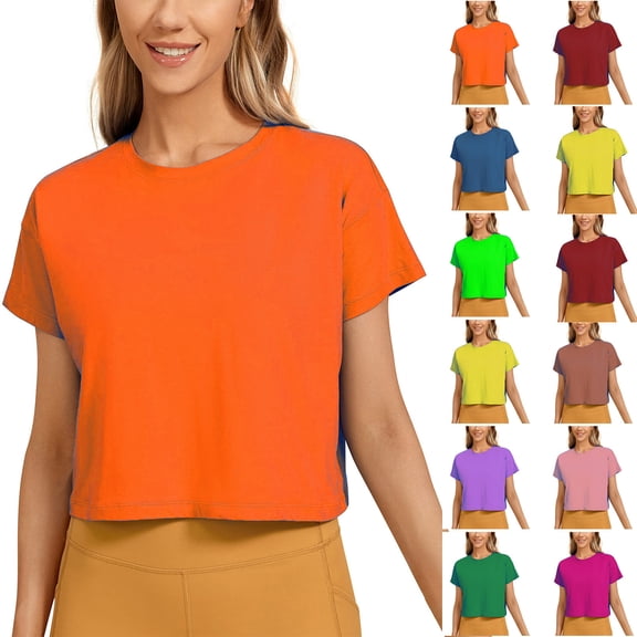 Fesfesfes Gym Shirt Women's Short Sleeve Solid Color Basics Crewneck Casual Top Pullover T-shirt Women's T Shirts M(US:6)