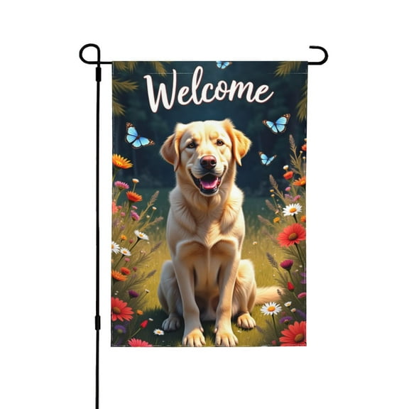 Welcome Yellow Labrador Garden Flag 12x18 Inch Double Sided Outdoor Yard Flag Spring Summer Floral Dog Garden Decor Butterflies Flowers House Lawn Decoration