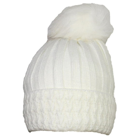 Best Winter Hats Adult Cuffed Rib Knit Beanie W/Pom & Faux Fur Lining - White