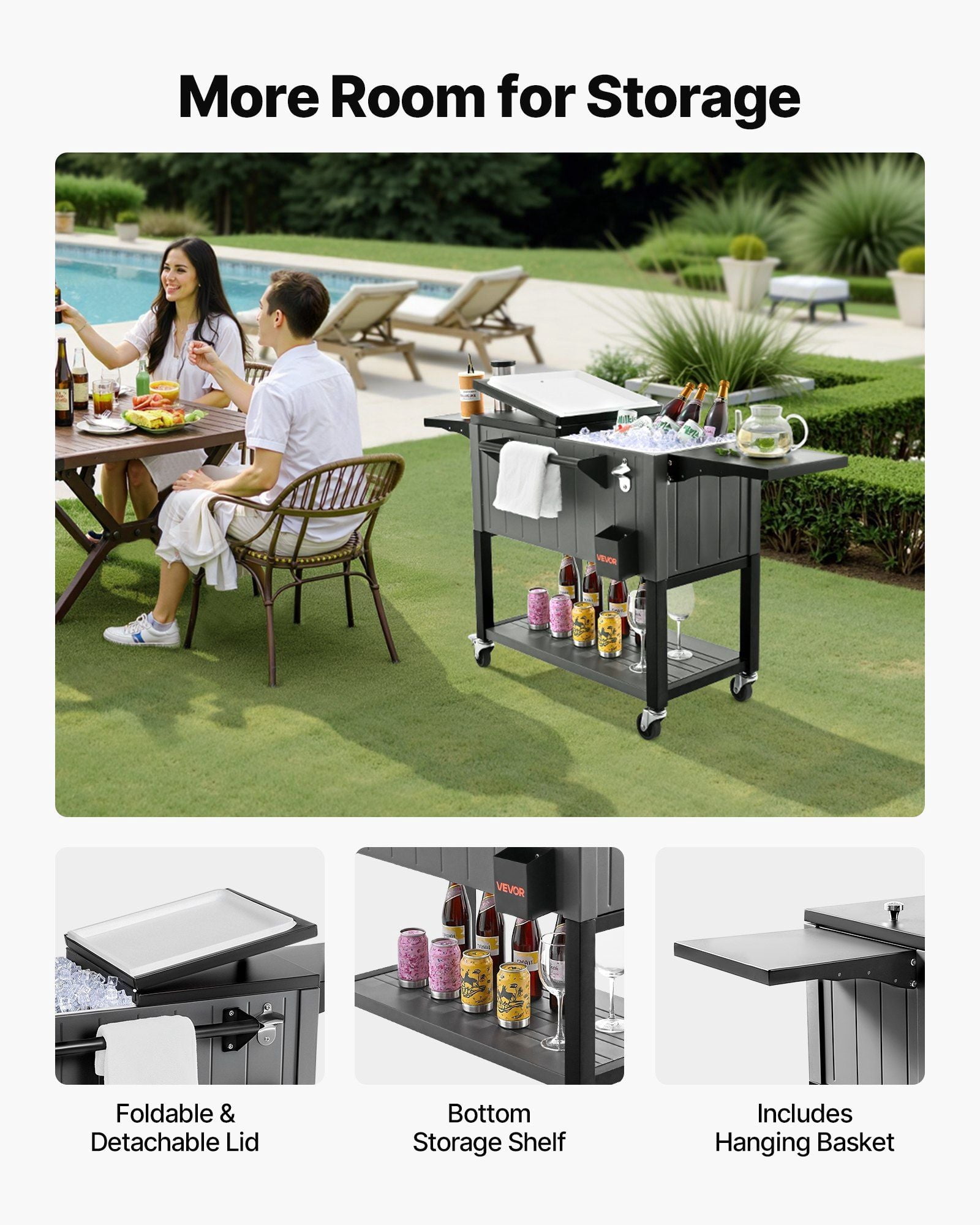 80QT Rolling Ice Chest, Holds up to 50 Bottles/ 110 Cans, Portable Patio Party Bar Drink Cooler Cart with Bottom Shelf & Foldable Side Shelves, Beverage Pool with Swivel Wheels & Bottle Opener