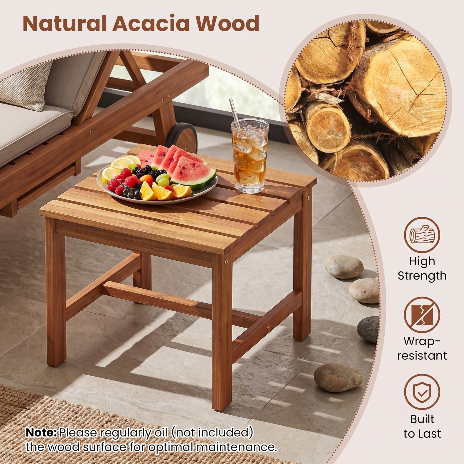 Furnibear 17-Inch Square Patio Acacia Wood Side Table with Slatted Top, Set of 2 Outdoor End Tables for Garden Poolside Deck, Natural