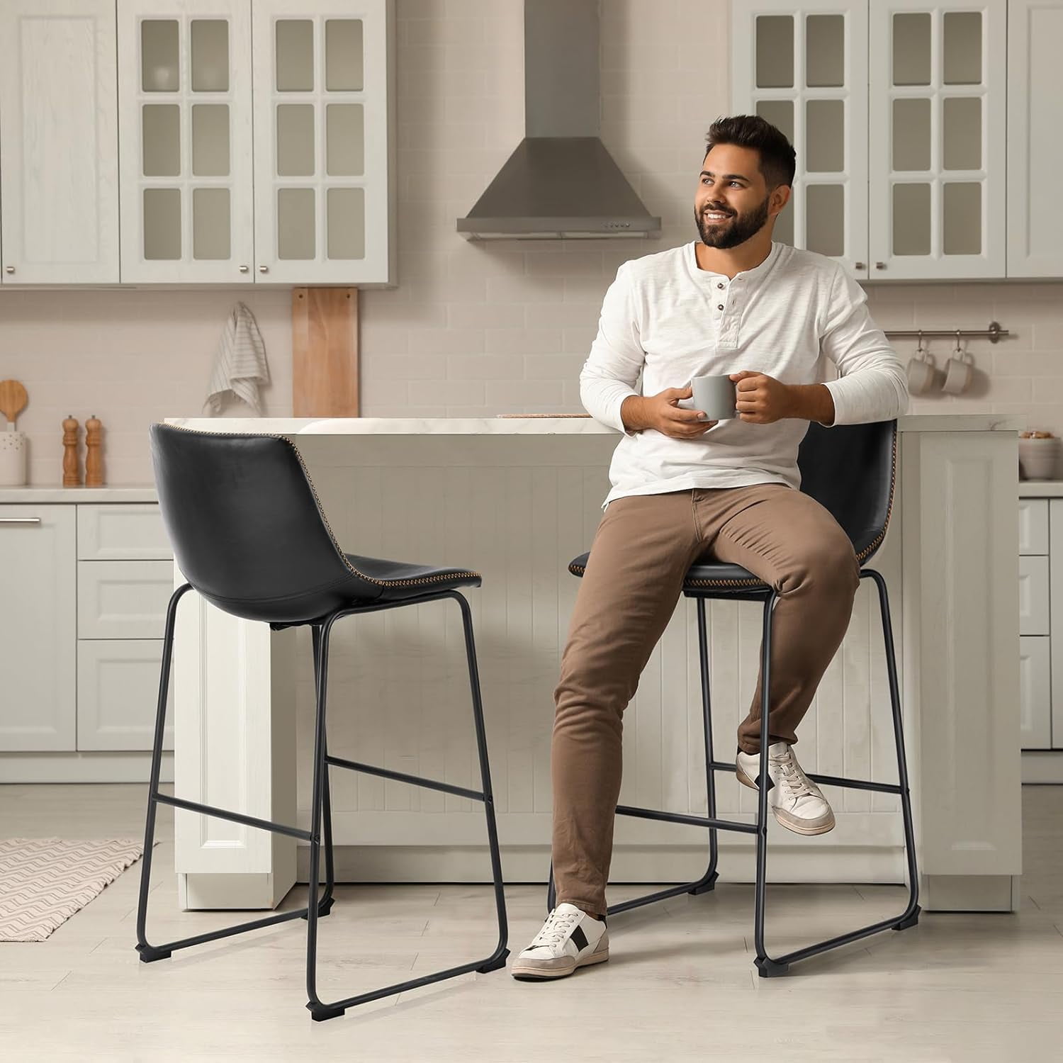 MAYEERTY 30 Inch Barstools High PU Leather Counter Bar Stool with Back and Footrest Set of 2, Black