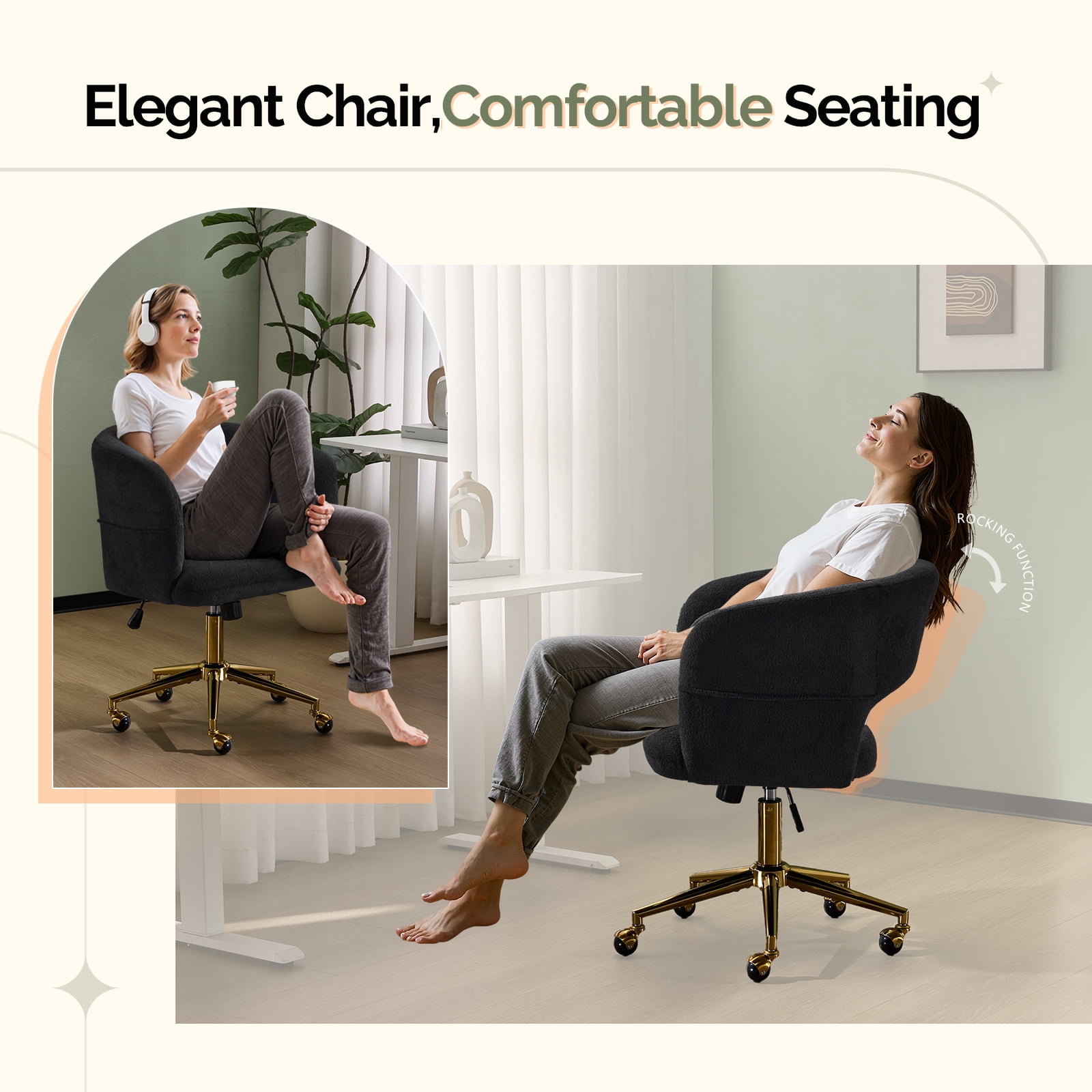Ktaxon Flannel Accent Chair Multi-Use Makeup Desk Chair with 360 Swivel Adjustable Height for Bedroom Office Dorm Black