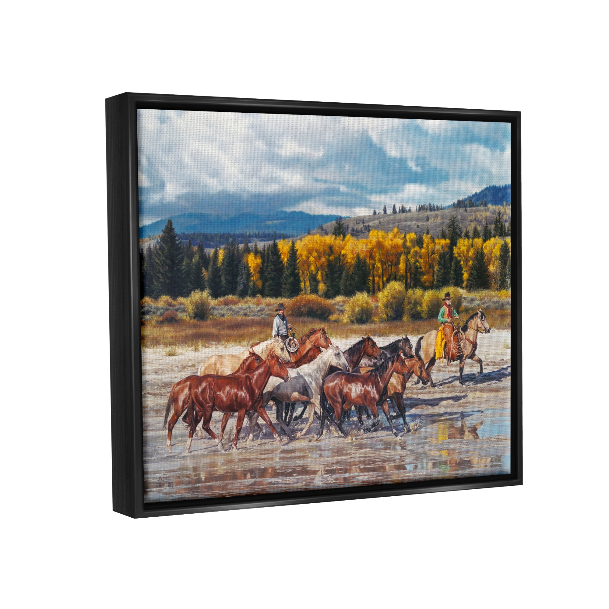Stupell Industries Cowboys Galloping River Landscape Animals & Insects Painting Black Floater Framed Art Print Wall Art