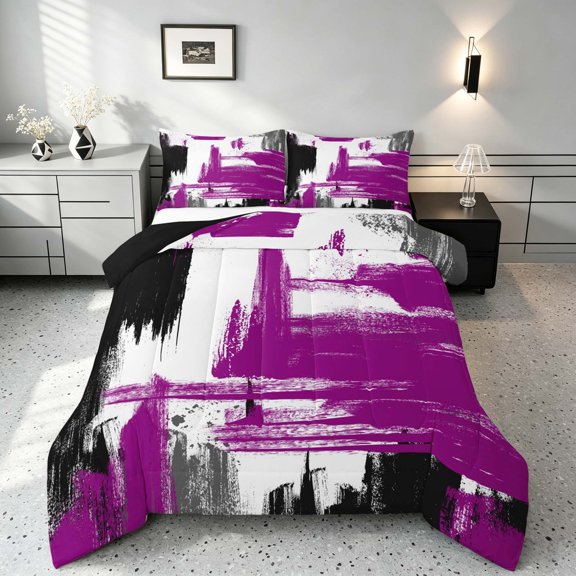 Manfei Vintage Oil Painting Full Size Comforter Sets, Watercolor Brushstroke Bedding Comforter Set, Magenta, Black and Gray, Black Reversible 3 Pieces, 1 Comforter and 2 Pillowcases