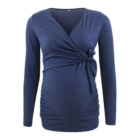

Joinnvt Women Maternity Tee Long Sleeve V Neck Tie Front Nursing Blouse Tops
