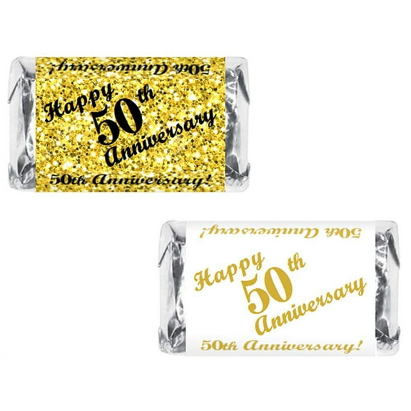 50th Anniversary Miniatures Candy Bar Wrapper, (Set of 60) Mini Candy Chocolate Bar Stickers; Gold and White, Candy Not Included