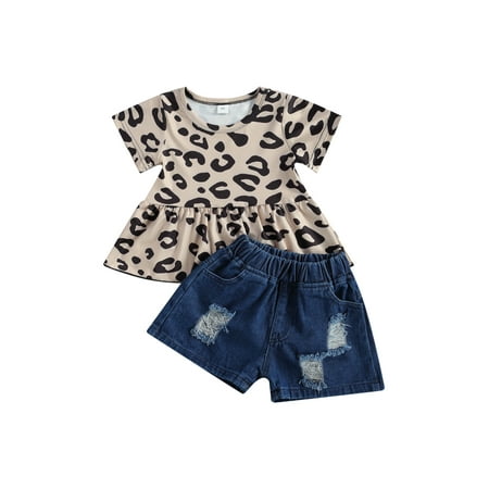 

Toddler Baby Girls Summer Outfits Leopard T-Shirt Ripped Denim Shorts 2Pcs Sets