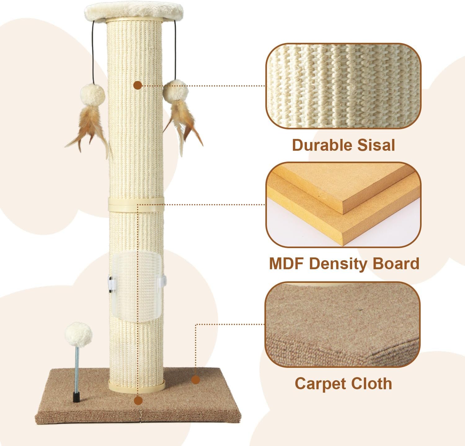 Cat Scratching Post,34" Tall Large Sisal Woven Scratch Posts for Cats,with Hanging Ball Toy and Self-Massage Brush,Vertical Scratcher,5 Inches Diameter,Beige