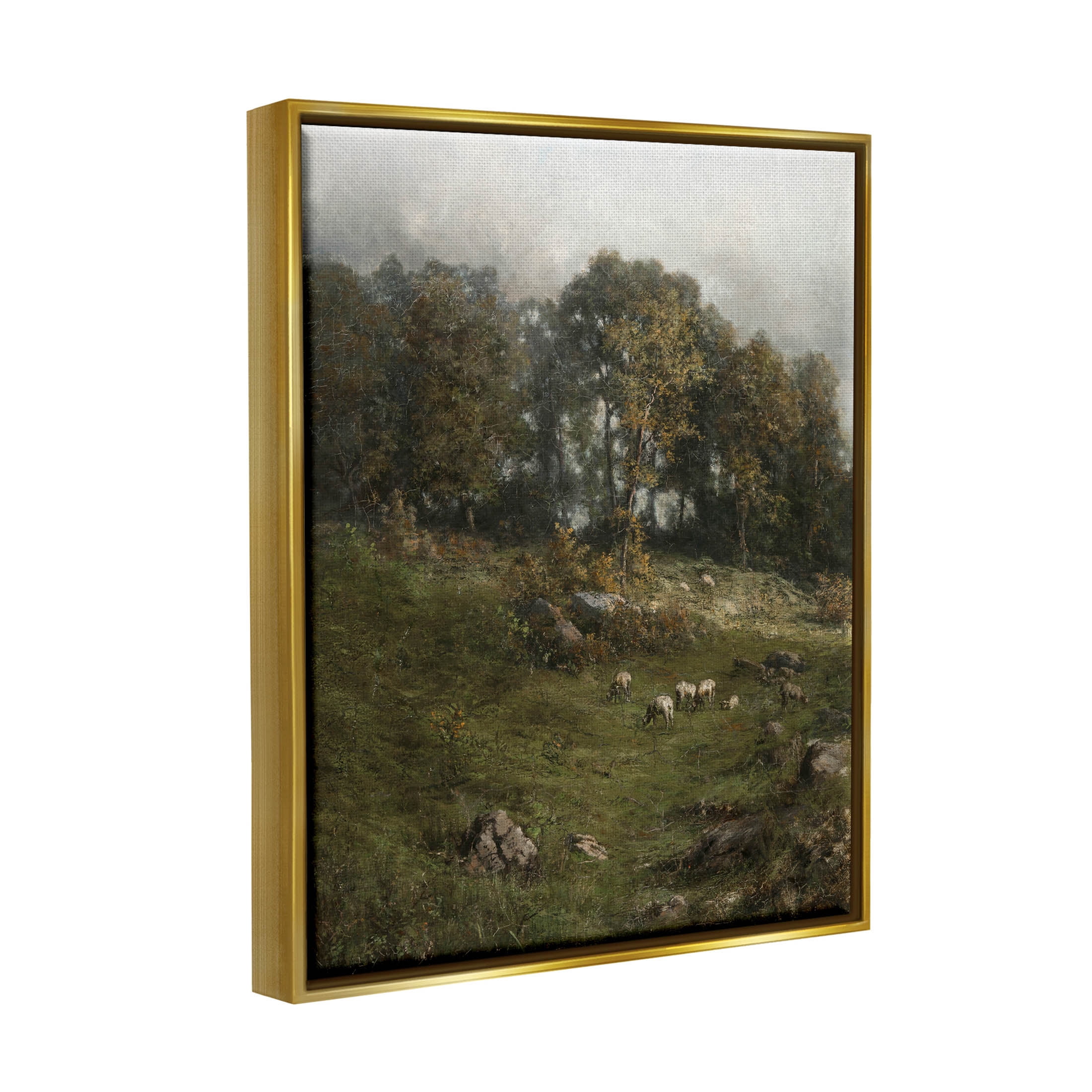 Classic Farm Field Grazing Animals Landscape Painting Metallic Gold Framed Art Print Wall Art