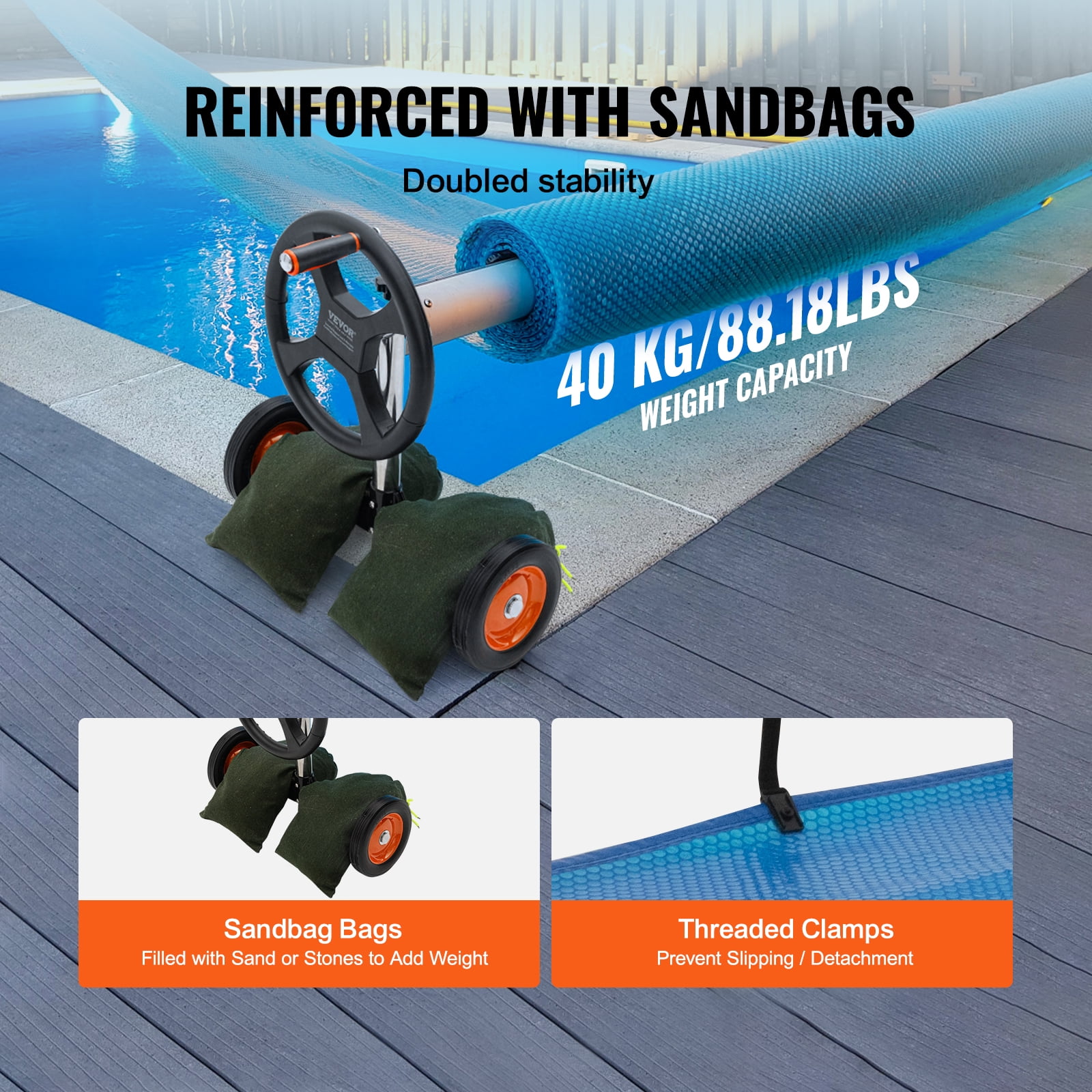SKYSHALO Durable Pool Cover Reel In-Ground Pool with Sandbags Handle Cover, Aluminum, 18 ft