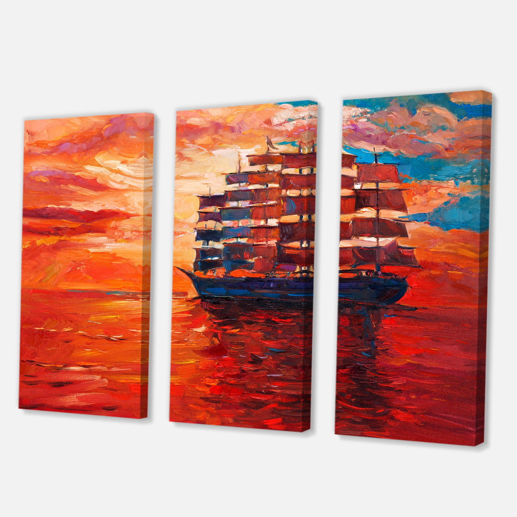 Designart ' Frigat During Red Evening Glow On The Ocean Horizon ' Nautical & Coastal Canvas Wall Art Print
