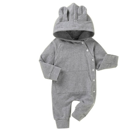 

Honeeladyy Sales Newborn Infant Baby Boys Girls Solid Color Winter Fall Rabbit s Ears Thick Hooded Romper Jumpsuit