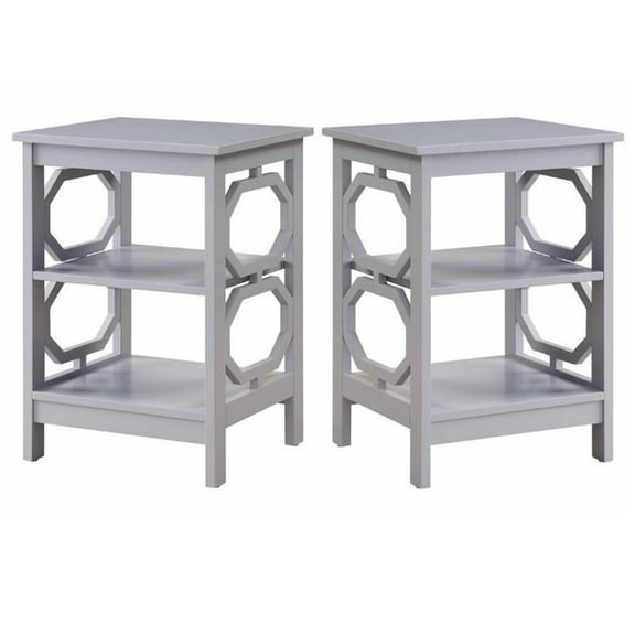 Home Square Omega Square End Table in Gray Wood Finish with Shelves - Set of 2