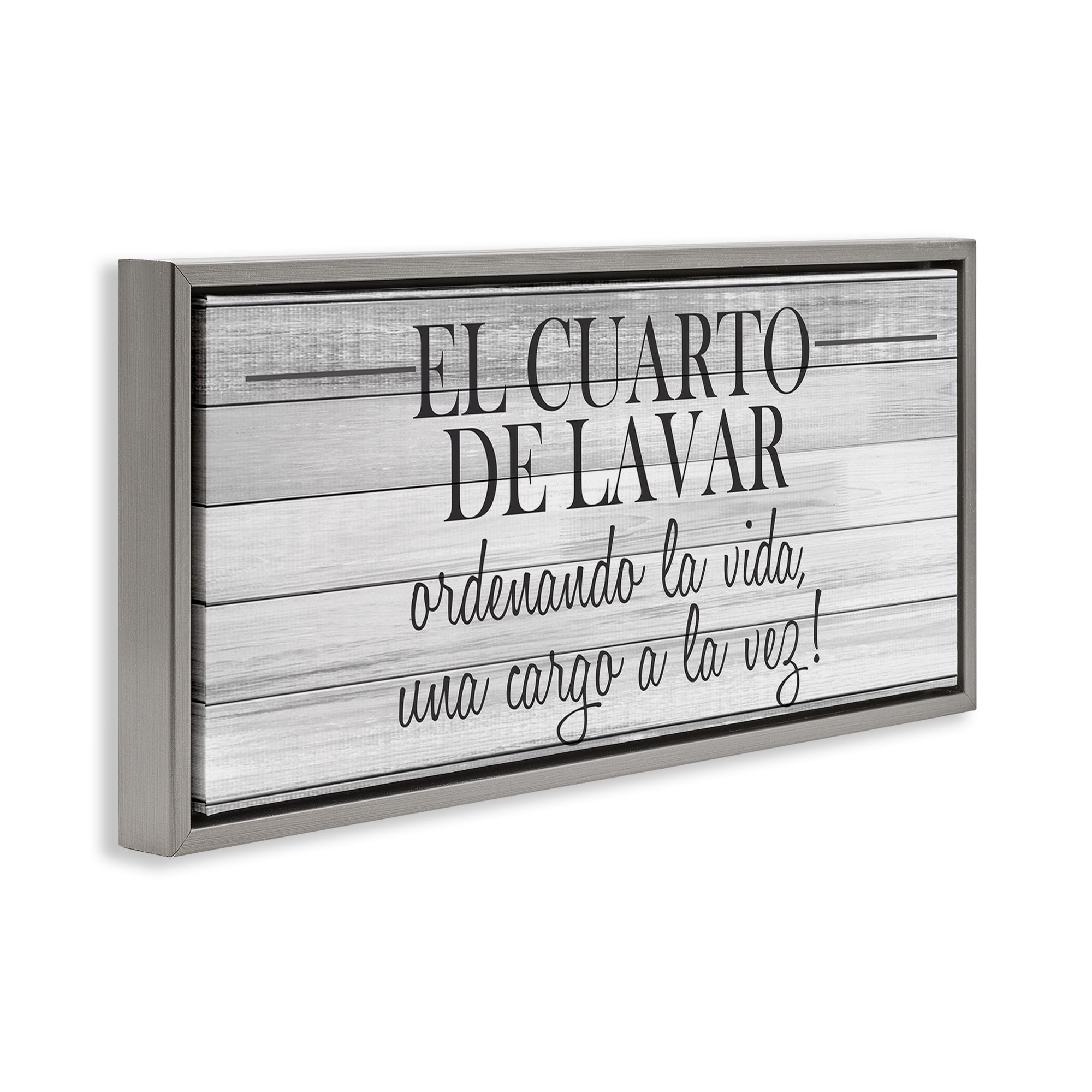 Stupell Industries Cuarto de Lavar Ordenando la Vida Bath & Laundry Painting Gray Floater Framed Art Print Wall Art, 25 x 11