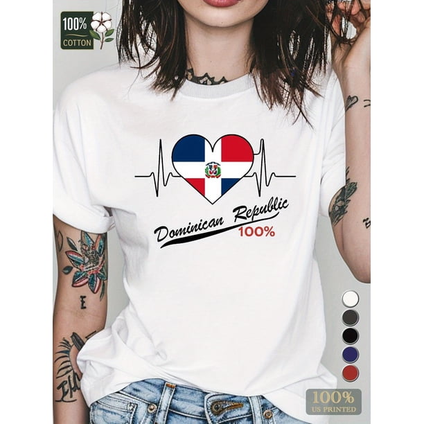 1pc Dominican Republic Heartbeat Graphic Tee, 100% Cotton Crew Neck T-Shirt with Slight Stretch, Casual All-Season Knit Fabric Top with Applique Detail