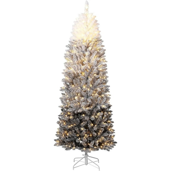 Lumiparty 7.5ft Prelit Artificial Christmas Tree, Pre-Lit Snow Flocked Pencil Christmas Tree with RGB & Warm White Lights, Foldable Base, for Holiday Decoration, Party, Black