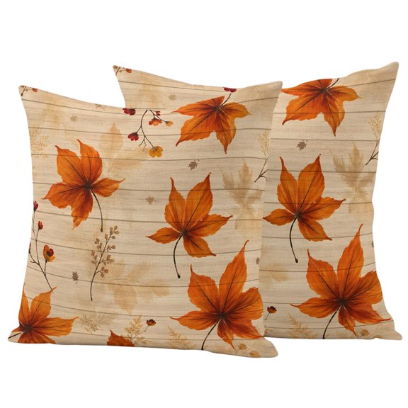 Maple Leaves Fall Outdoor Waterproof Pillow Covers, Thanksgiving Botanical Autumn Wooden Decorative Square Throw Pillowcase Sofa Cushion Sham for Patio/Couch/Chair, 20"x20" 2 Pack