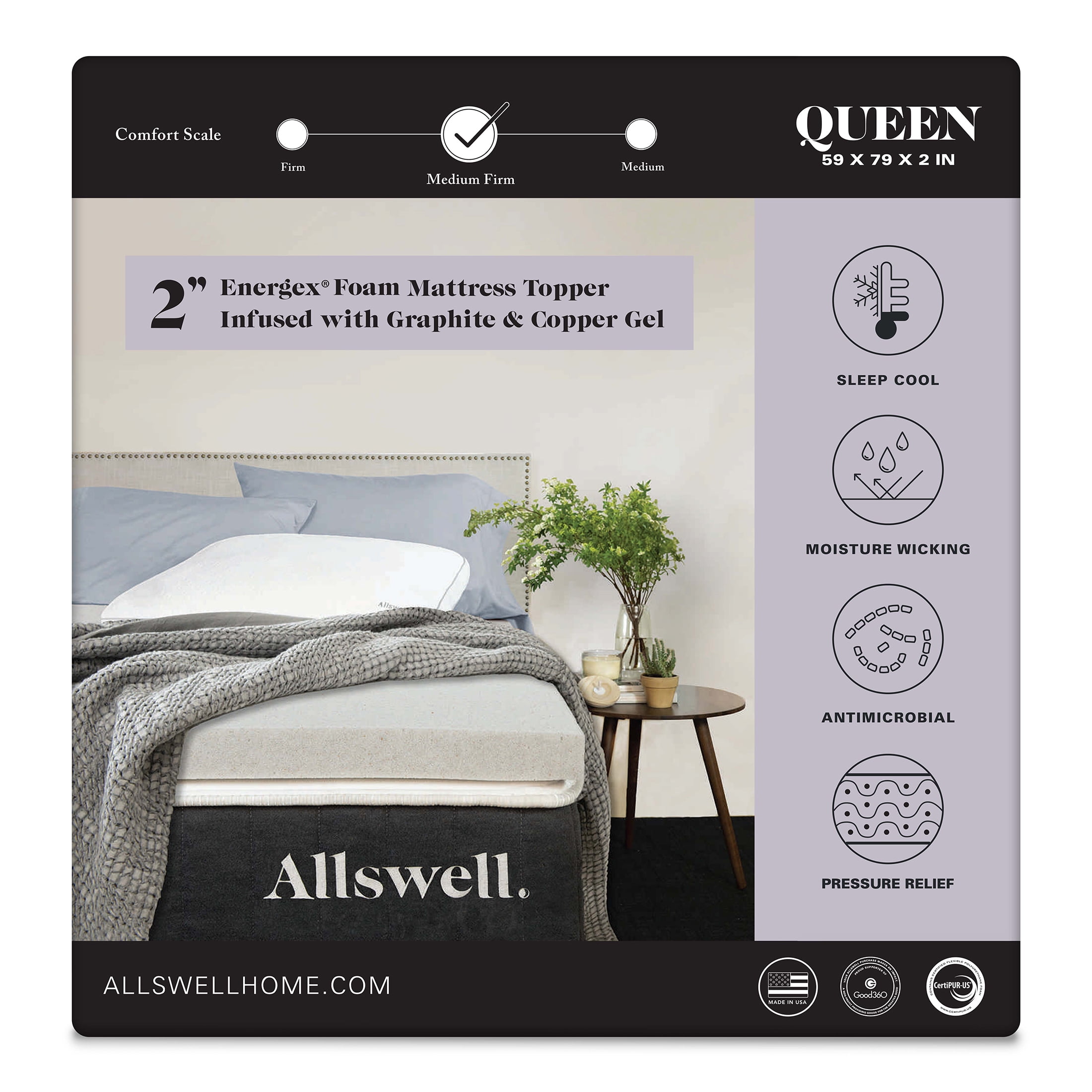 Allswell 2" Energex Foam Mattress Topper Infused with Graphite and Copper Gel, Queen