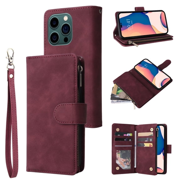 Cover For iPhone 14 Pro Max 6.7 inch,Premium Leather Card Holder with Zipper Wallet Wrist Strap Kickstand Protectiver Cover,Winered
