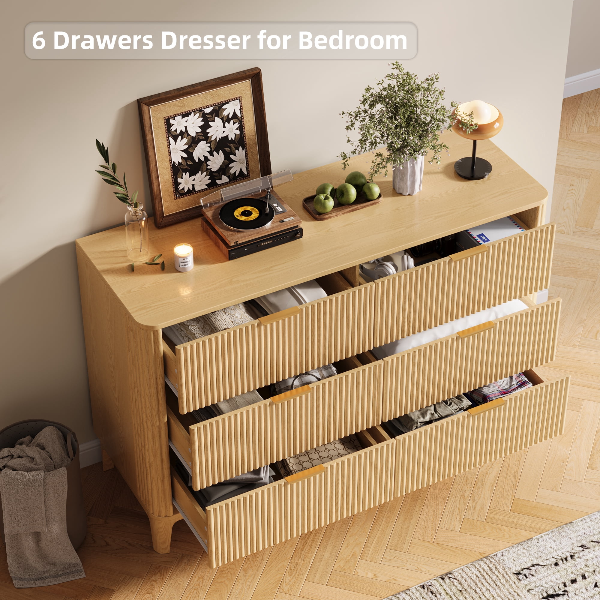 UGTOO 45.2"L 6-Drawers Dresser, Natural Wood Storage Cabinet for Bedroom & Living Room Slim Space-Saving Organizer with Smooth Gliding Drawers, 25 lbs/Drawer Capacity