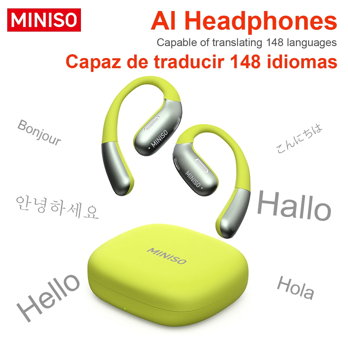 MINISO X28 AI Real-Time Translation Wireless Earbuds, Open Ear Bluetooth 5.4, 130+ Languages, IPX5 Waterproof for Travel/Gym, Green